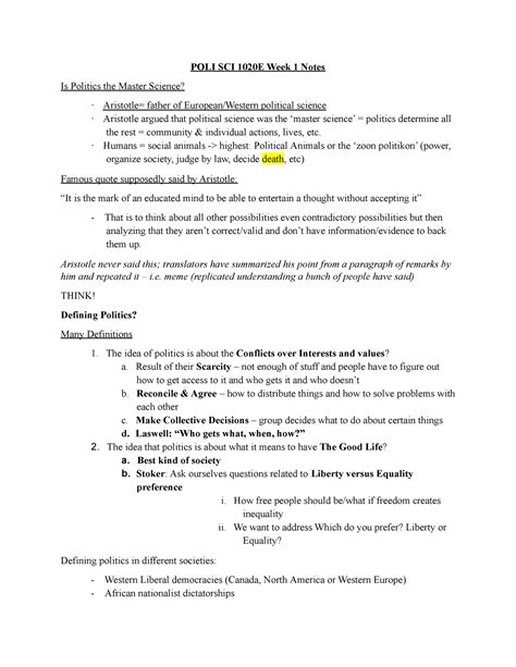 POLI SCI 1020E Week 1 Notes - POLI SCI 1020E Week 1 Notes Is Politics ...