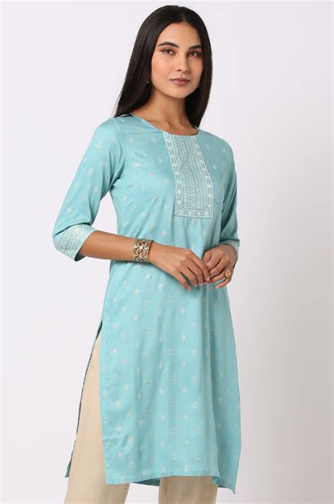 Light Blue Printed Straight Kurta - Feminon Closet