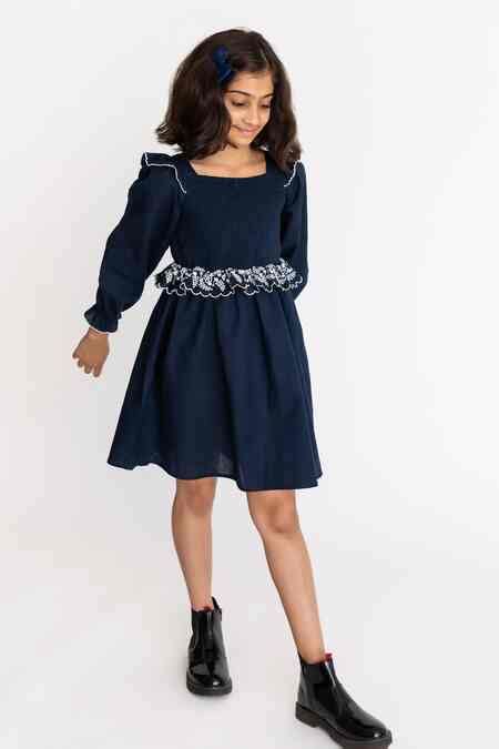 Buy Blue Cotton Embroidery Voila Smocked Dress For Girls by A Little ...