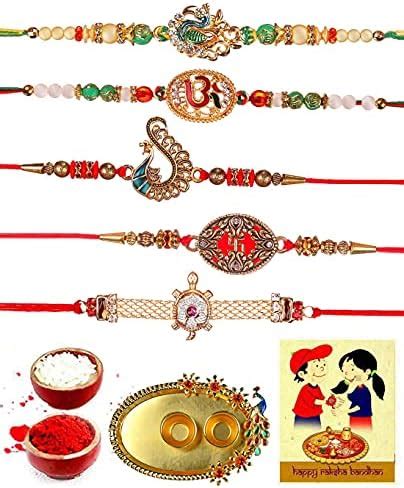 Buy Theally Five Designer Rakhi Gift Set With Pooja Thali, Greeting ...