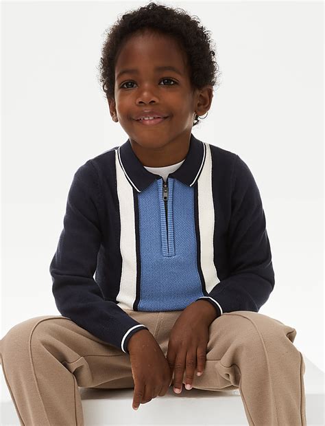 Buy Pure Cotton Striped Knitted Zip Polo Shirt (2-8 Yrs) at Marks & Spencer