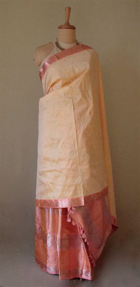 Light Peach Traditional Pure Silk Mekhela Chador Set from Assam ...