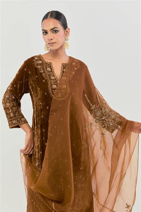 Russet easy fit A-line, paneled, short kurta set in silk velvet with a ...