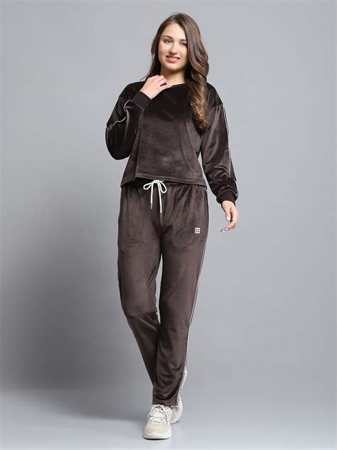 Buy Women Brown Solid Round Neck Full Sleeve Tracksuit Online in India ...