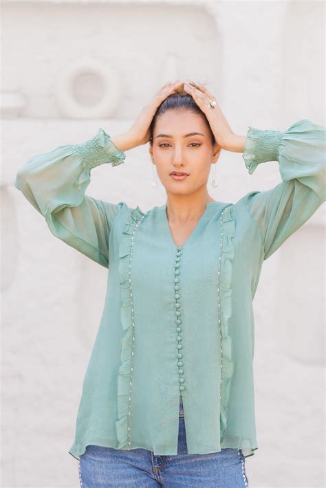 Georgette tunic with frill and hand embroidery – Sohni