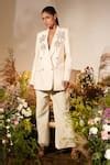 Buy Off White Banana Crepe Embroidery Crystal Lapel Astral Bloom Blazer ...