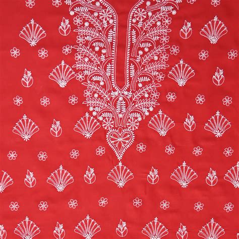 Seva Chikan Hand Embroidered Red Cotton Lucknowi Chikankari Unstitched