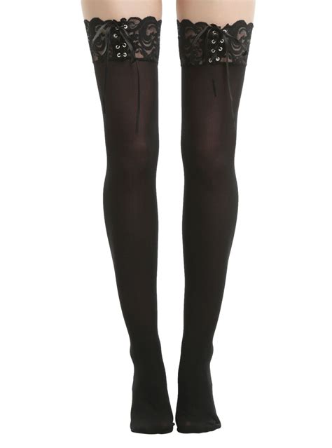 Blackheart Black Lace-Up Thigh Highs | Hot Topic | Thigh high stockings, Thigh highs, Thigh high ...