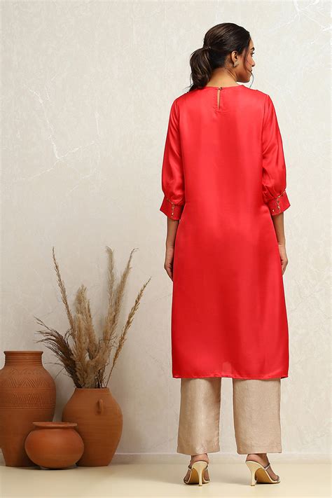 Buy Cherry Red Satin Straight Regular Fit Festive Kurta Online at Biba ...