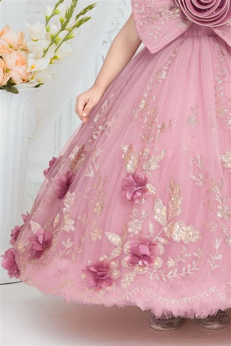 Pink Ball Gown with Oversized Rosette Bow & 3D Floral Appliqué For Gir ...