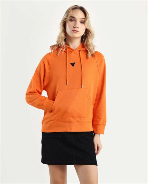 Rareism Women's Dae Orange Cotton Blend Hooded Plain Relaxed Fit Sweat