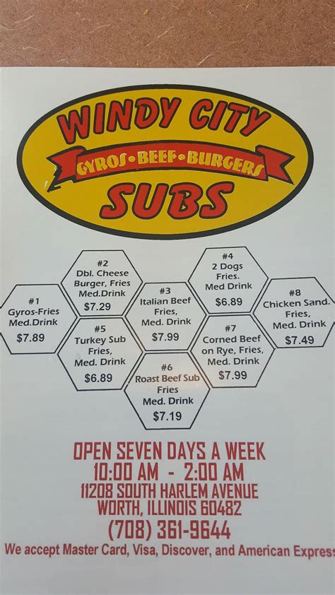 Menu at Windy City Subs fast food, Worth, S Harlem Ave