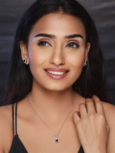 Priyaasi Black Block American Diamond Silver-Plated Jewellery Set