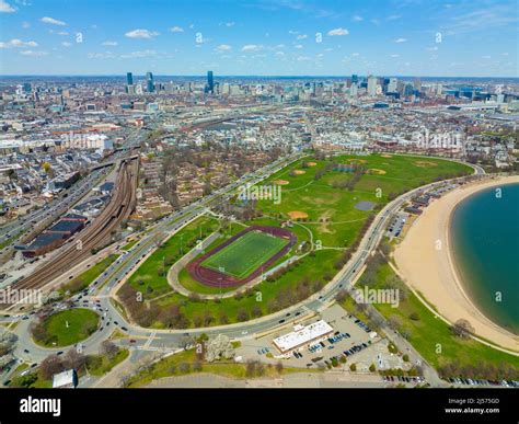 Boston Downtown Financial District and Back Bay skyline aerial view in ...