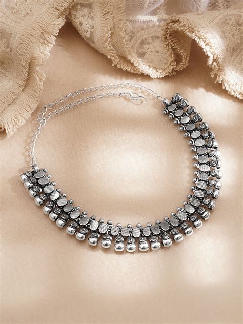 Oxidised Silver Tone Brass Oval Link Ghungroo Statement Necklace – Rubans