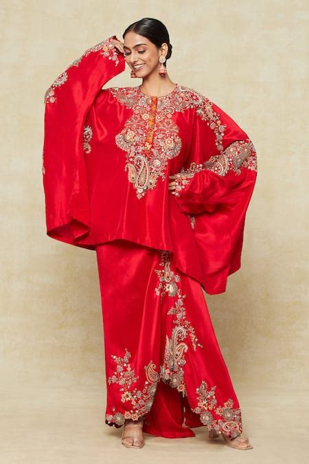 Buy Red Silk Embroidery Collared Paisley Tunic Kaftan And Draped Skirt ...