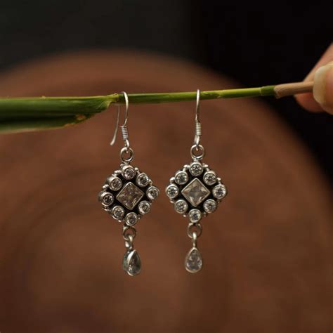 Saaruka Silver Oxidised Earrings - White