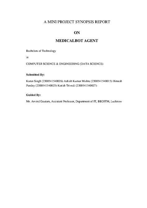 MedicalBot Agent Synopsis Report - B.Tech CSE (Data Science) - Studocu
