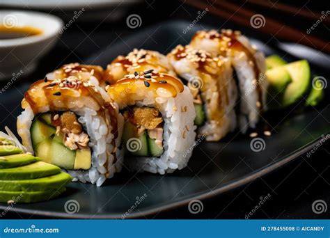 Beautifully Presented Chicken Teriyaki Sushi Roll, Stuffed with Crispy ...