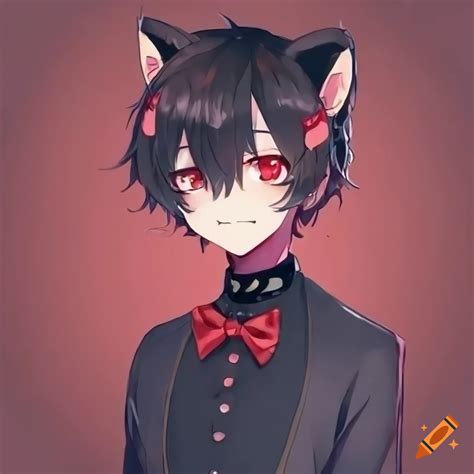 Detailed anime cat boy with black hair and red eyes on Craiyon
