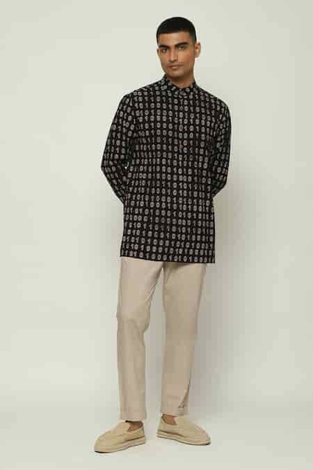 Buy Black Cotton Ajrakh Hand Block Print Kurta For Men by Abraham And ...