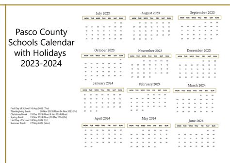 Pasco County Schools Calendar 2024-2025 [Academic Year]