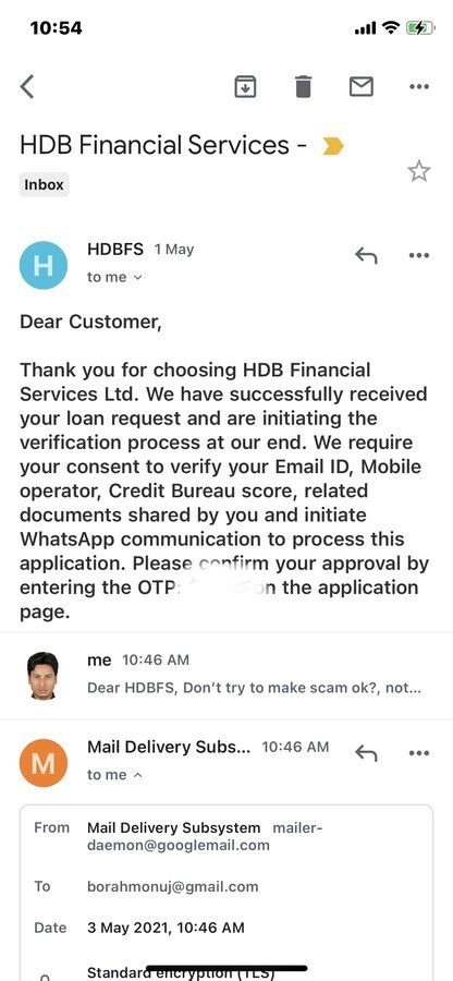 HDB Financial Services — Fraud mail received regarding loan application.
