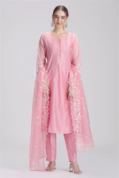 Light Pink Chanderi Embroidered A Line Kurta Pant and Dupatta Suit Set ...