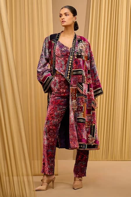 Buy Blue Silk-velvet Printed Floral Corset Plunged Long Jacket And ...