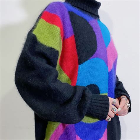 80s Angola rabbit fur colorful knit sweater | LEMON