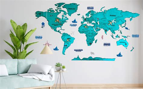 Elk 3D Wooden World Map Wall Decor - Metallic Green Color - Perfect ...