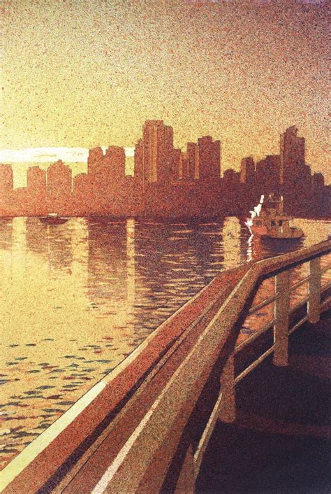 Mouth atomized watercolor painting of boats and skyline of downtown ...