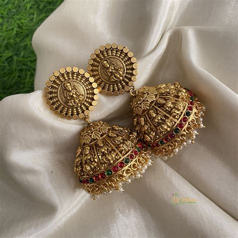 Antique Gold Look Alike Lakshmi Jhumkas-Pearls-G12044 – vrikshamindia