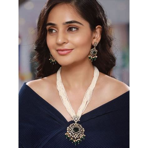 Buy Saraf RS Jewellery Gold-Plated Green Uncut Polki and Faux Pearl ...