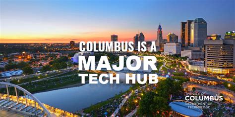 Columbus skyline at sunset with text "Columbus is a major tech hub," highlighting the city's significance in technology and managed IT services.