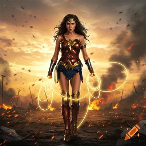 Wonder Woman stands heroically on a stormy battlefield with lightning ...