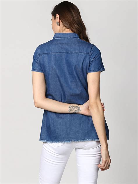 Women's Navy Blue Denim Peplum Top cum Shirt – Stylestone