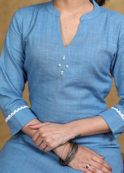Classy Powder Blue Cotton Straight Cut Kurta with White Laces – Sujatra