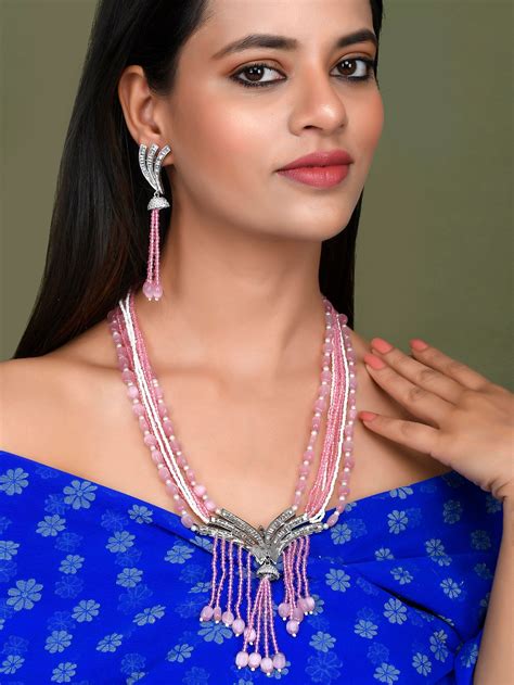 Buy Pink American Diamond Layered Heavy Jewellery Sets for Women Online ...