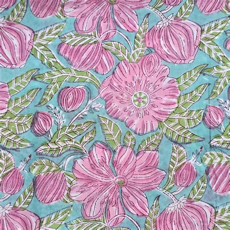 (Pre-Cut 1.30 Meter) Pure Cotton Jaipuri Sea Green With Big Pink Flowe ...