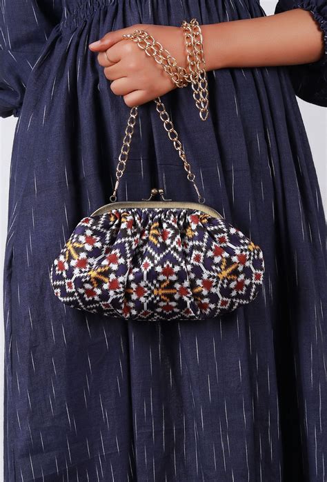 White, Blue & Multi Silk Patola Print Gathered Clutch – TJORI