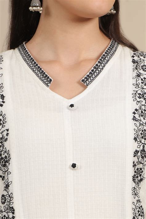 Buy White Thread Embroidered Pure Cotton Straight Kurta and Pflared ...