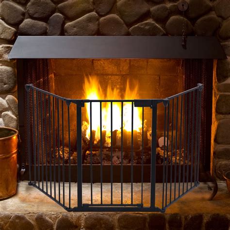 Hommoo Metal Fireplace 5-Panel Baby Safety Gate with Door, Black ...