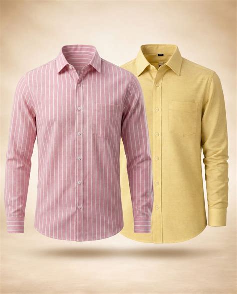 Premium Khadi Shirt Combo – Pink Stripe & Solid Yellow (Pack of 2 ...