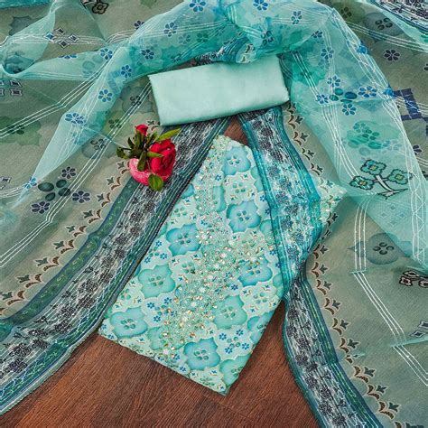 Blue Printed With Sequins Embroidered Organza Dress Material