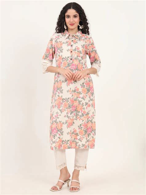 Pink Floral Printed Cotton Kurta