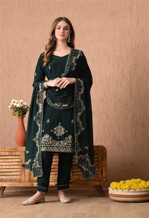 Gracious Bottle Green Kurta Set with Zardozi and Sequin Work – Zarikali