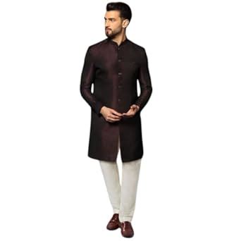 Buy KISAH Men's Indo-Western Sherwani Churidar Set, Purple Cotton ...