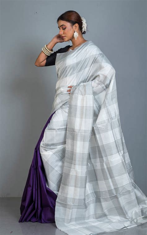 Half and Half Soft Bishnupuri Designer Katan Silk Saree in Off White ...