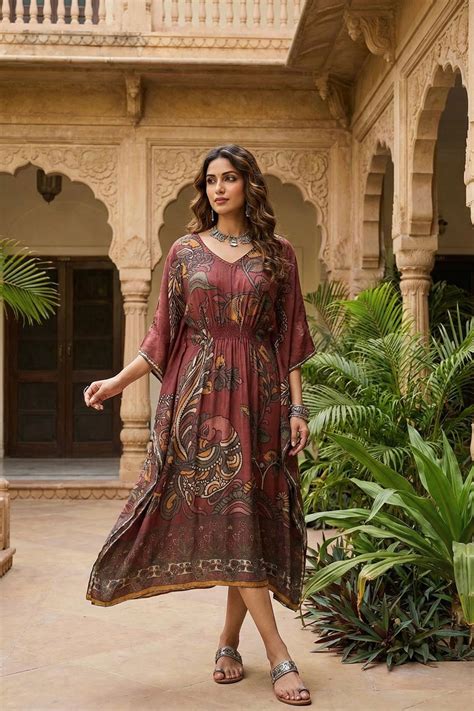 Brown Printed Kaftan Dress – Qurbat